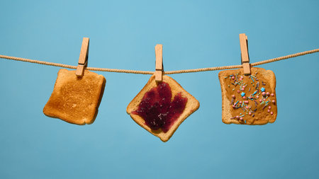 Toast slices with toppings hanging on rope against blue backgroundの写真素材