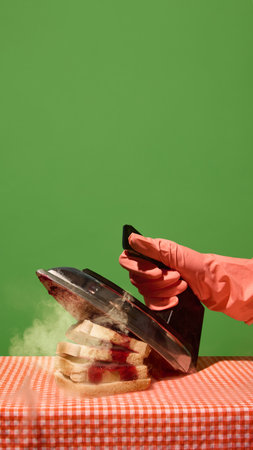 Pressing jam-filled toast stack with steaming iron on checkered tableの写真素材