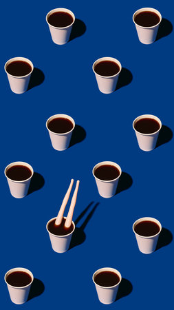 Paper coffee cups and plastic legs in bold pattern on blue background