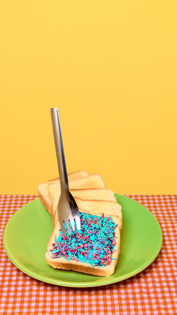 Toast slice with bright sprinkles pierced by fork on green plate and yellow backgroundの写真素材