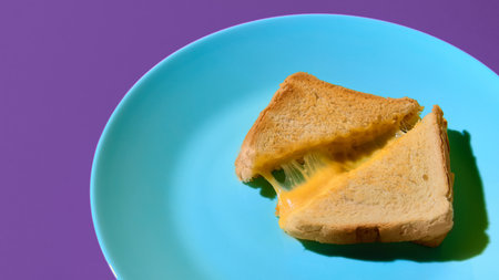 Cheese toast sandwich melting on turquoise plate with purple backgroundの写真素材