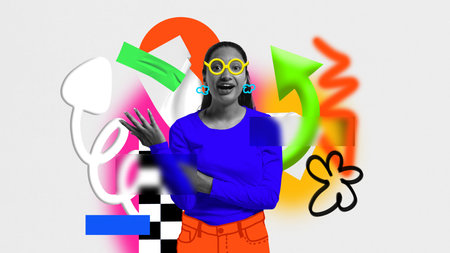 Expressive collage of cheerful woman with neon glasses and joyful emotion