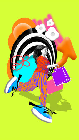 Vibrant collage of running woman with shopping bags and happy emotionの写真素材