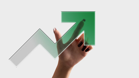 Clean artwork of female hand touching green upward arrow symbol with confident emotionの写真素材