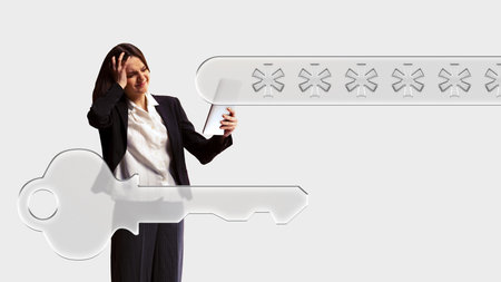 Modern collage. Frustrated businesswoman with password bar and key icon expressing stressed emotionの写真素材