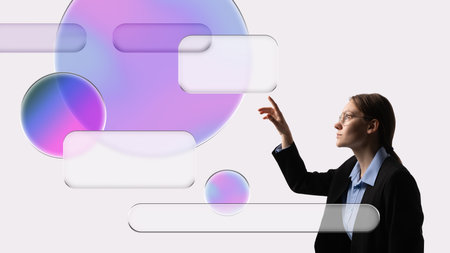 Vibrant artwork. Businesswoman touching floating neon UI bubbles with inspired emotionの写真素材