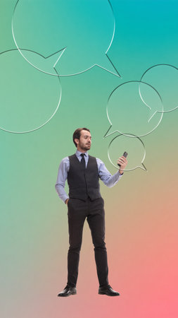 Stylish composition of businessman surrounded by speech bubbles with thoughtful emotionの写真素材