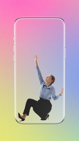 Vibrant collage. Businesswoman inside smartphone frame reaching upward with inspired emotionの写真素材
