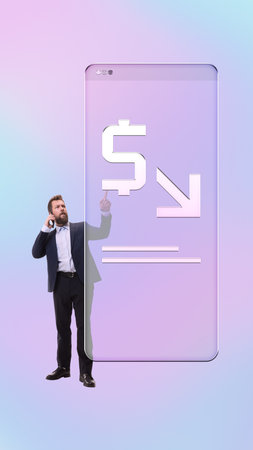 Minimal collage. Businessman interacting with financial icons on giant smartphone with analytical emotionの写真素材