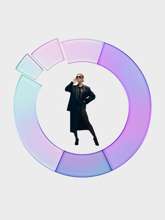 Stylish artwork. Businesswoman standing inside segmented pastel donut chart with confident emotion