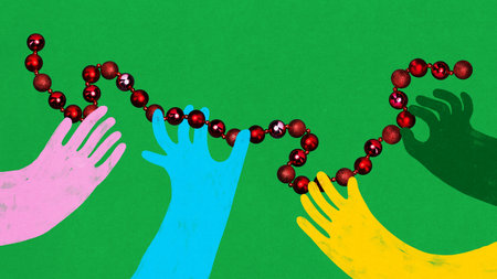 Vibrant collage. Hands holding festive red garland with joyful moodの写真素材