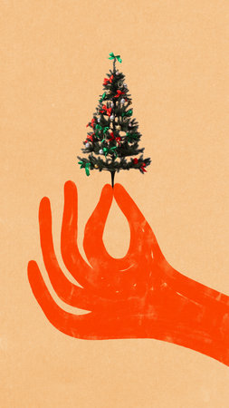 Handmade poster. Hand holding tiny decorated Christmas tree with warm emotionの写真素材