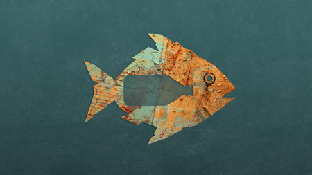 Handmade collage. Fish with plastic bottle cutout showing anxious emotionの写真素材