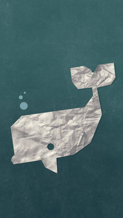 Minimal collage. Whale made of crumpled plastic with calm sadnessの写真素材