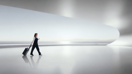 Minimalist artwork of business traveler walking through futuristic white corridorの写真素材