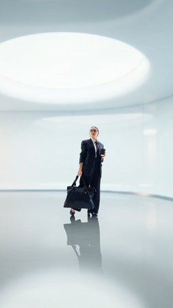 Trendy poster with stylish businesswoman under luminous circular skylightの写真素材