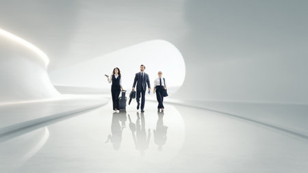 Digital collage. Architectural tunnel with three business travelers walking through futuristic passageの写真素材