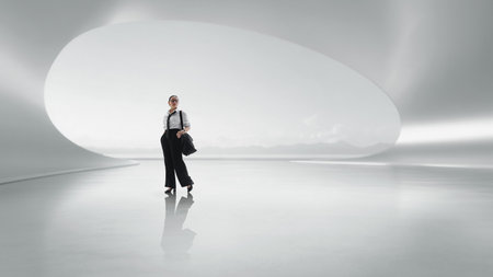Creative collage of architectural void with businesswoman crossing bright futuristic space.の写真素材