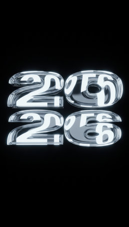 Glass 2026 numbers glowing with strong reflections on black. AI generatedの素材