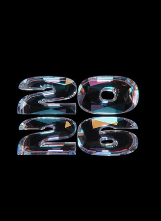 2026 faceted crystal digits on black background. AI generatedの素材