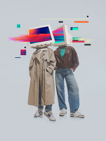 Modern design of two people with CRT monitor heads.の写真素材