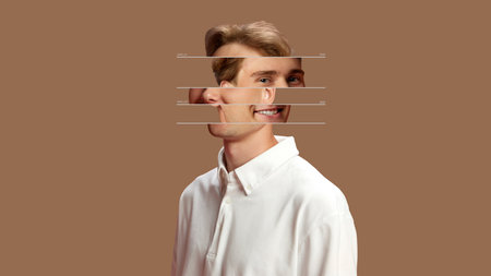Contemporary abstract collage portrait exploring fragmented personal identity