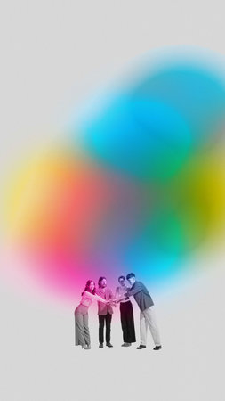 Modern mixed media team stacking hands beneath colorful abstract cloud.の写真素材