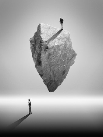 Surreal composition with floating rock as unreachable goal and strategic challenge.の写真素材