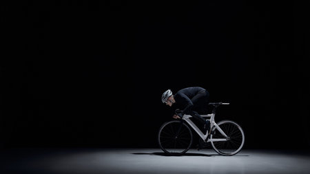 Cyclist riding road bike under dramatic studio lighting.の写真素材