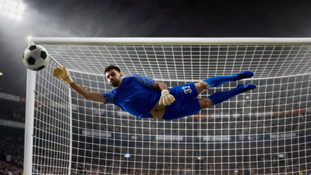 Soccer goalkeeper diving to save ball during match action.