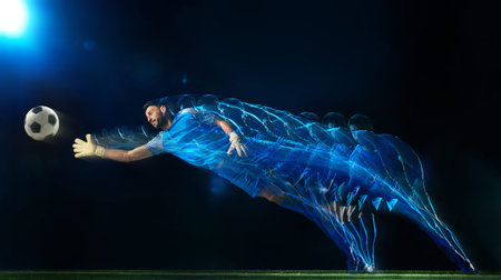 Soccer goalkeeper diving save motion sequence isolated on dark background.の写真素材