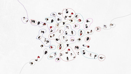 Abstract artwork of people clusters linked by flowing lines.の写真素材