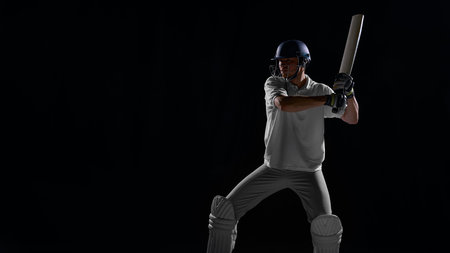 Cricket batsman in ready stance on black background.