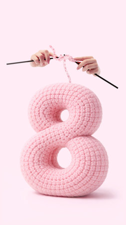 Creative artwork. Knitted number eight with hands crocheting pink yarn.の写真素材