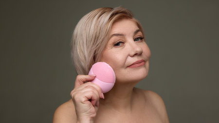 Mature woman using facial cleansing brush skincare routine.