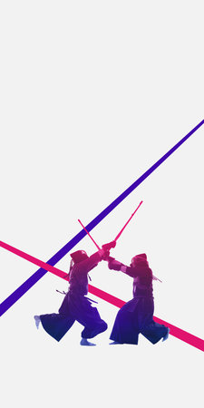 Dynamic artwork kendo fighters clashing swords in duotone style.の写真素材