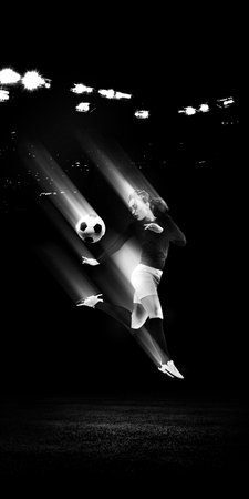 Female soccer player volley kick with light trail stadium
