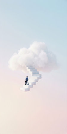 Businessman walking up soft stairs into abstract cloud in the sky.