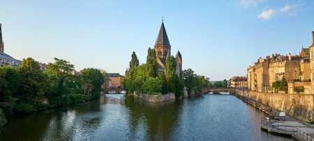 Panoramic View Of Protestant New Temple (Temple Neuf) Church Island at Metz Franceの写真素材