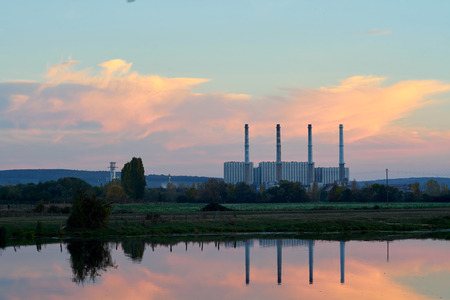 Coal Power Plant Stopped and Undergoing Reconversion Shot A Blue Hour With Reflection In A Nearby Lake Blenod Les Pont A Mousson Lorraine Franceのeditorial素材