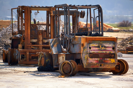 Destroyed Forklift Outside Having Suffered A Heavy Fireの写真素材