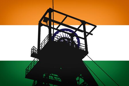 Concept Illustration With Indian Flag in the Background And Coal Mine Ferris Wheel SIlhouette in the...