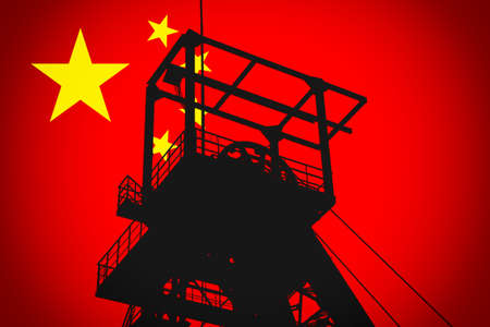 Concept Illustration With Chinese Flag in the Background And Coal Mine Ferris Wheel SIlhouette in...