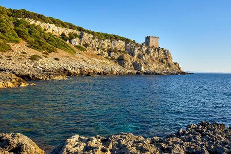 Torre dell'Alto in the Regional Park of Porto Selvaggio in Apulia At Sunset - Italyの写真素材