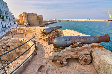 Two Medieval Defense Cannons and Turret In Front Of Castle Carlo V At Sunset in beautiful Monopoli - Apulia - Puglia - Italyのeditorial素材