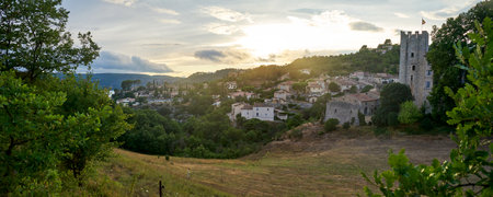 Panoramic View of the castle and Medieval Village of Esparron du Verdon in Provence in the south of France at sunset .のeditorial素材