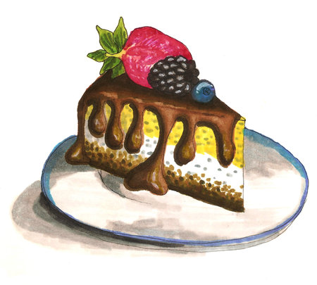 food illustration of dessert. Cake with berries and chocolate