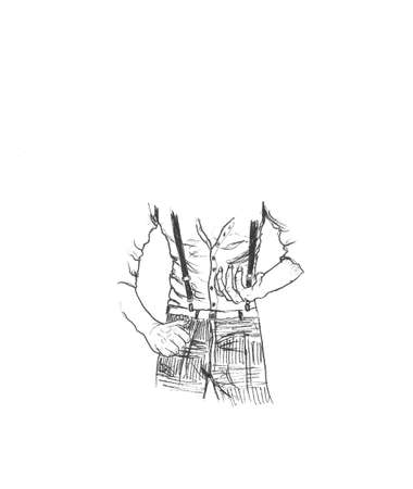 Young Tailor man thinking while holding sketchbook and putting measurement meter on neck. Isolated on white background. sketch the figure of a man in suspendersの写真素材