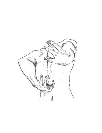 Funny guy in body suit m sketch, the figure of a guy with his back to his hands orphsuit looking at sketches and doodlesの写真素材