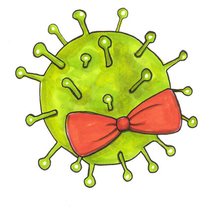 A young waiter in a protective cheerful mask on his face and white gloves. Health protection in the restaurant. The problem of spreading the virus. pandemic threat.の写真素材